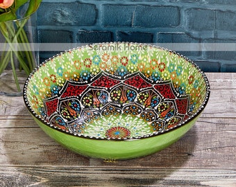 Multisize Large Ceramic Fruit Bowl, Handmade Salad Bowl, Colorful Ethnic Bowl, Decorative Turkish Bowl, Bowl Blank, 21-25-30cm Fruit Bowl