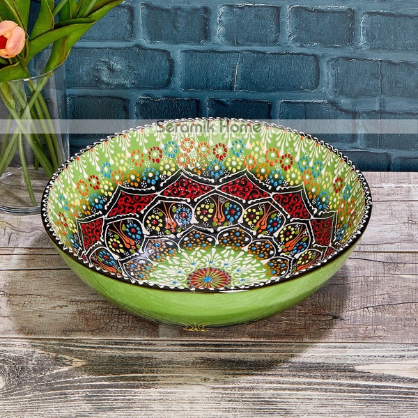 Multisize Large Ceramic Fruit Bowl, Handmade Salad Bowl, Colorful Ethnic Bowl, Decorative Turkish Bowl, Bowl Blank, 21-25-30cm Fruit Bowl