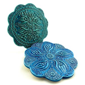 Handmade Turkish Ceramic Trivet 7&quot; – Relief Hot Plate Mat for Teapot or Pot – Blue or Turquoise – Gift Ready Kitchen Decor