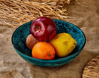 Handmade Large Ceramic Fruit Bowl, Hand painted Salad Bowl, Colorful Ethnic Bowl, Turkish Decorative Bowl, 10"-25cm Pottery Serving Bowl