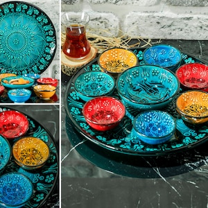 Teal Ceramic Snack Serving Set, Handmade Turkish Platter, Pottery Bowl and Plate, Large Ceramic Dinner Set or Breakfast Set, Dining Set Gift