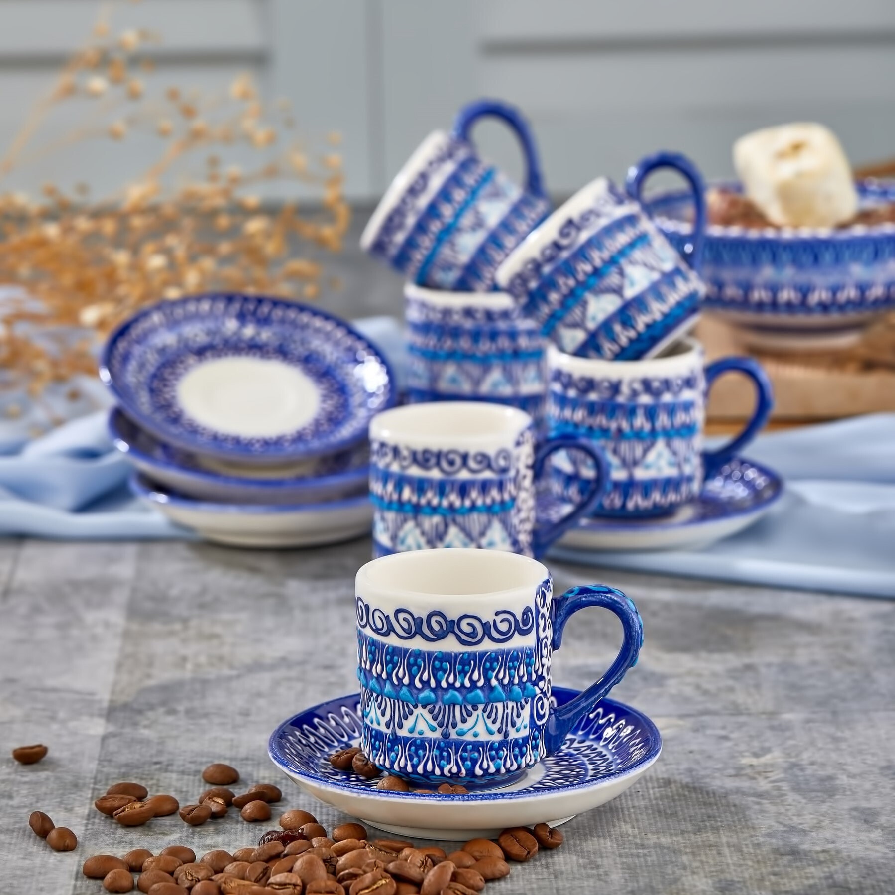 13 Pcs Turkish Ceramic Coffee Set, Handmade Pottery Greek