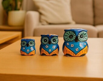 手作りトルコ陶器フクロウの置物3個セット - カラフルな手描きの陶器