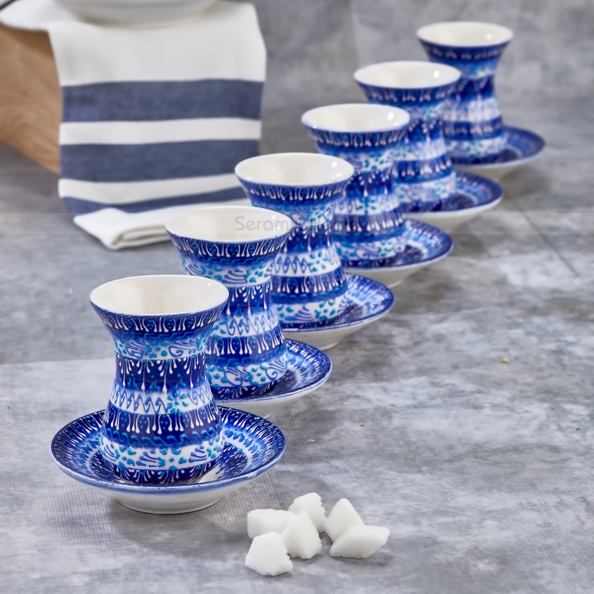 6x Turkish Ceramic Tea Cups and 6x Saucers, Handmade Ceramic