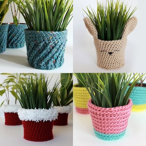 May include: Five crocheted plant pots in different colours and styles. The pots are filled with green plants. The pots are a teal blue, beige, red, yellow, and pink.