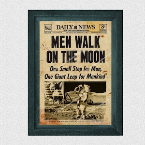 Póster del periódico "Los hombres caminan sobre la luna", impresión antigua, foto vintage, póster, archivo digital retro