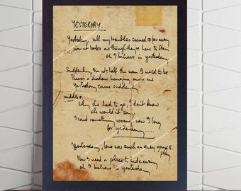 The Beatles Yesterday John Lennon Handwritten Lyrics The Beatles print Poem motivational vintage photo Christmas Gift poster