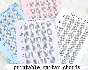 Beginner Guitar Chord Charts - Printable PDF (8.5x11) Instant Digital Download, Multiple Colors, Guitar Chord Poster, Common Guitar Chords