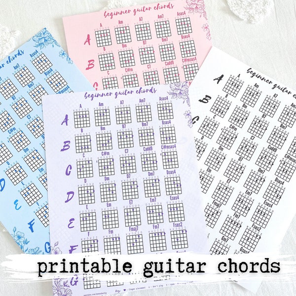 Beginner Guitar Chord Charts - Printable PDF (8.5x11) Instant Digital Download, Multiple Colors, Guitar Chord Poster, Common Guitar Chords