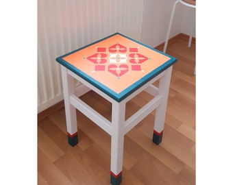 Painted wooden stool, square stool, coffee table, vintage table, flower holder, bedside table, nightstand, colorful table