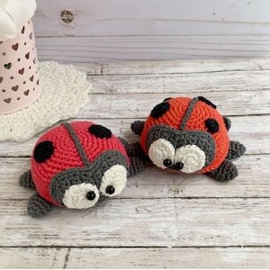 Pode incluir: Dois brinquedos de joaninha de crochê com corpo vermelho e preto e pernas e cabeça cinzas. As joaninhas têm olhos brancos com pupilas pretas.