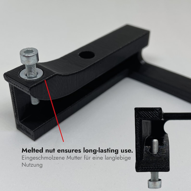 May include: A black 3D-printed L-shaped bracket featuring a silver metal bolt inserted through a top hole. A red line points to the integrated nut, with text stating: Melted nut ensures long-lasting use. A smaller inset shows the bolt from below.