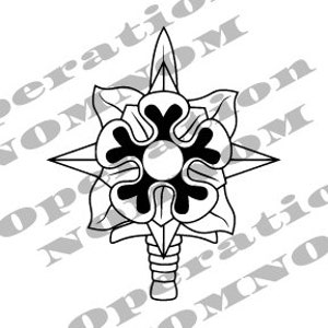 May include: Black and white illustration of a military emblem. The emblem features a central flower-like design with a circular center, surrounded by a star and a vertical sword. The text "Operation NOM NOM" is printed diagonally across the image.