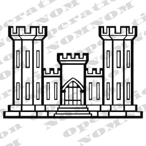 May include: Black and white line art of a castle with three towers. The central tower has a pointed archway and a set of stairs leading up to it. The two flanking towers are taller and have rectangular windows.