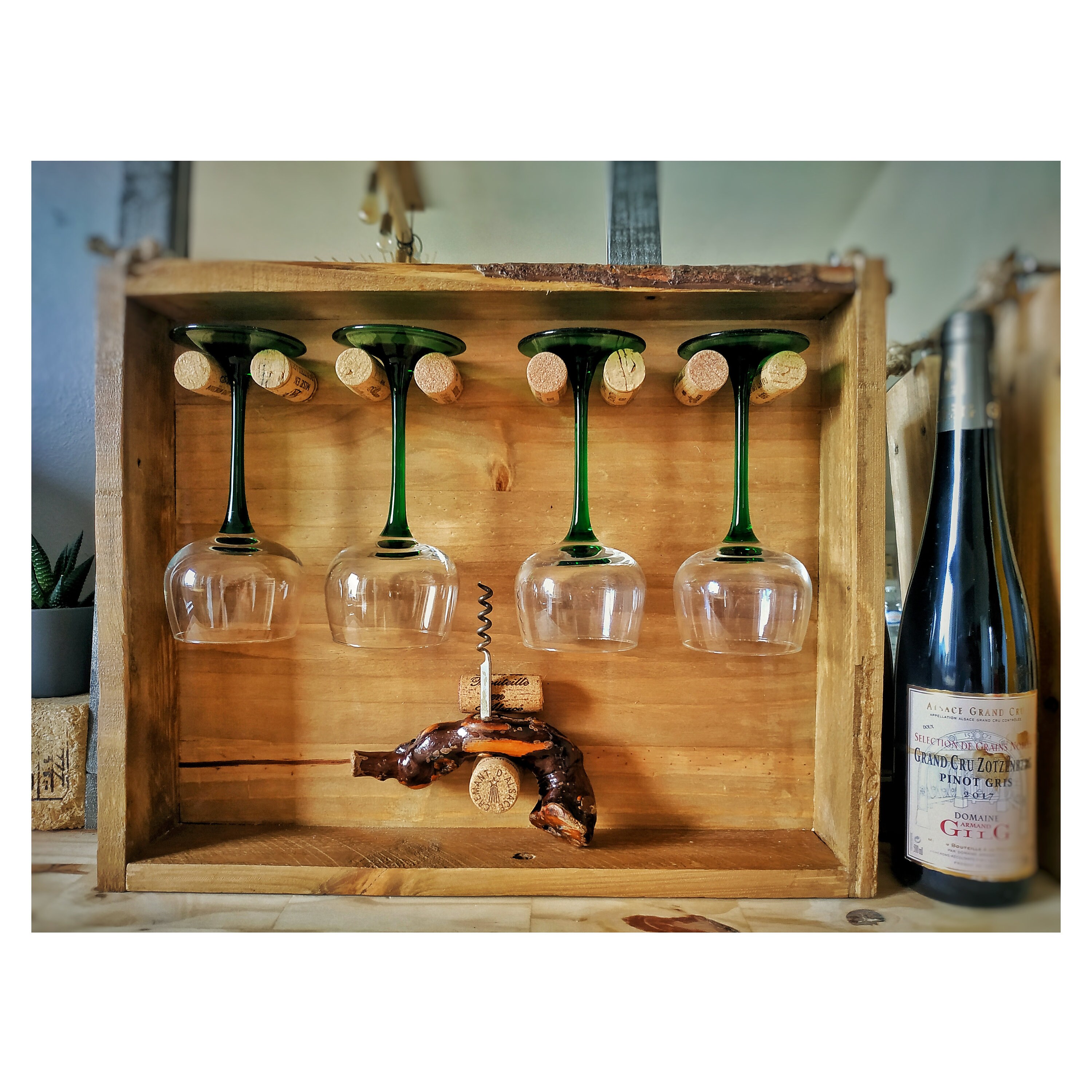 Porte-Verres Vin Suspendu en Bois avec ou Sans Verres à Blanc Alsacien Alsace