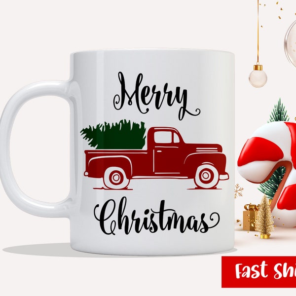 Vintage Red Truck With Christmas Tree - Christmas Holiday Theme - Custom Coffee Mug