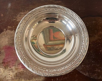 Cuenco vintage plateado Wallace con borde decorado y borde de hoja, adorno de mesa de plata estilo americano, centro de mesa.