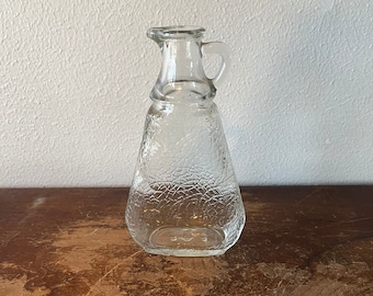 Vintage Early Glass Bottle Spouted Handled Perfect for Syrup or Vinegar Clear Glass Crackle Glass Marked Bottom