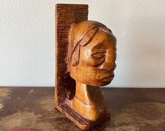 Folk Art Carved Wood Figural Bookend Natural Finish Man Wearing Cap Shelf Decor