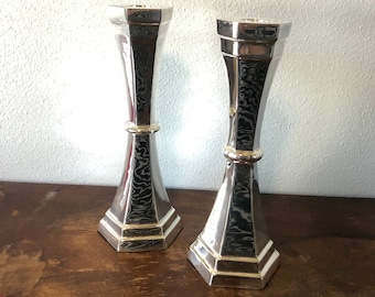 Pair of Silverplate Candlestick Holders Deco Design Tablescaping Clean Lines Silver