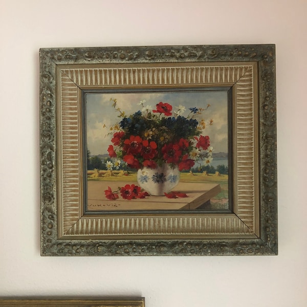 Original Keist Vukovic Oil Painting on Board Framed Floral Still Life Gallery Wall Framed Art Artist Signed Floral