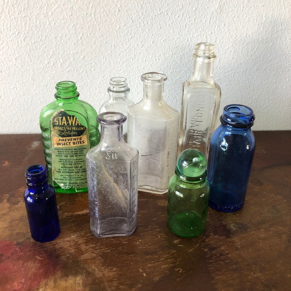 Vintage Glass Bottles YOU PICK Green Glass Blue Glass Medicinal Listerine Hair Tonic Sta-Way Measured Bottles