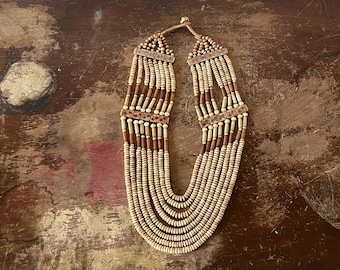 Vintage Carved Bone Multi-Strand Bead Necklace Ethnic Engraved Beads Statement Necklace