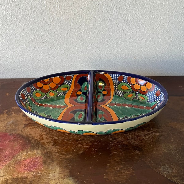 Colorful Handpainted Divided Dish Made in Mexico Dinner Party Hosting Ceramic Table Accent Tablescaping Buffet Game Night