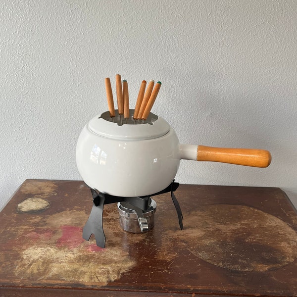 Vintage White Enamel Fondue Set With Stand Burner and Forks Retro Dinner Night Wood Handle