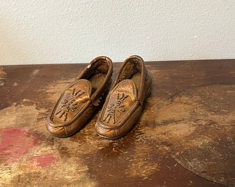 Vintage Bronzed Moccasins Children's Moccasins Beaded Accent Native American Style Red Bead
