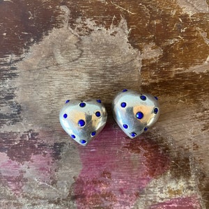 Vintage GAS St. Tropez Puffy Heart Clip-on Earrings Blue Rhinestones Fancy Earrings Silver Earring