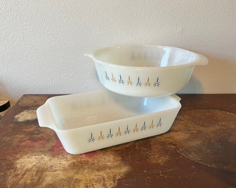 Vintage Fire King “Candle Glow” by Anchor Hocking YOU PICK Loaf Pan Handled Bowl Milk Glass Retro Baking Dishes