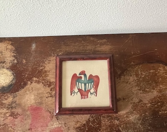 Framed Contemporary Theorem Painting on Velvet American Eagle Red and Blue Signed VL Folk Art Cottage-Core Wood Framed Decor Diminutive Art