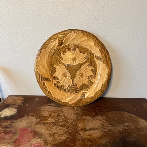 Vintage Handcarved Plate Raised Relief Sunflower Carving Wall Decor Wooden Wall Art Hand Carved Mid Century
