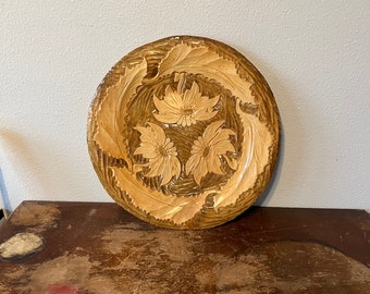 Vintage Handcarved Plate Raised Relief Sunflower Carving Wall Decor Wooden Wall Art Hand Carved Mid Century