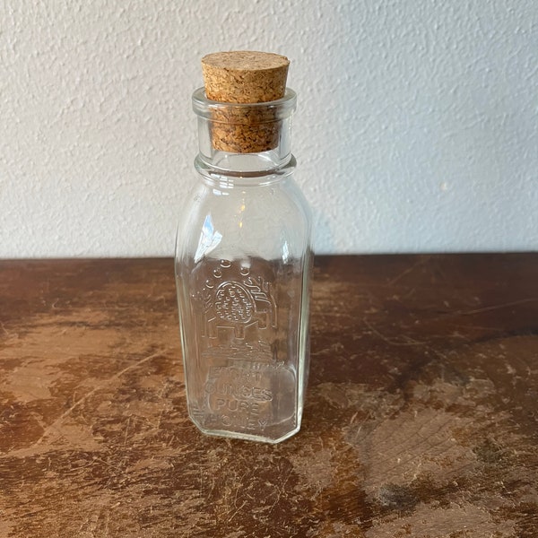 Vintage Small Clear Glass Bottle with Cork Stopper 8 Ounce Honey Bottle Square Bottle Small Corked Bottle