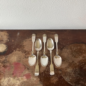 May include: Six silver spoons arranged on a dark wooden surface. Each spoon has a rounded bowl and a long handle with the letter "m" engraved on it. The spoons are reflective, catching the light.
