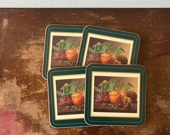 Pimpernel Coaster Set of 4 Fruits Hunter Green Orange Grapes Table Accent Original Box Cork Back Made in England Hunter Green Game Night