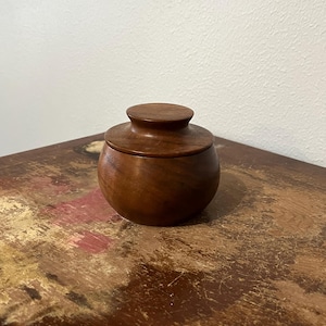 Handmade Turned Wood Lidded Jar Artisan Wood Craft Knob Top Dark Wood Bulbous Form Vintage Wood