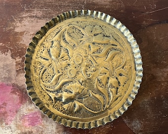 Antique Continental  Brass Chased Floral Tray Scalloped Rim Brass Coffee Service Tray Table Accent Serving Hosting Table Accent Tablescaping