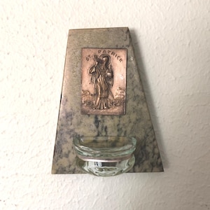 St. Patrick Holy Water Font Polished Stone Brass Plaque Catholic Made in Italy