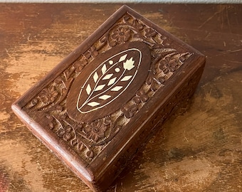 Vintage Carved Wooden Box Floral Inlay Floral Carved Box Intricate Detail Trinket Box Jewelry Box Vanity Decor Dresser Accent
