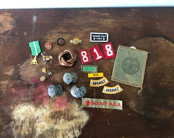 Vintage Boy Scouts of America Collectible Grouping Pins Patches Scarf Slide Scout Memorabilia