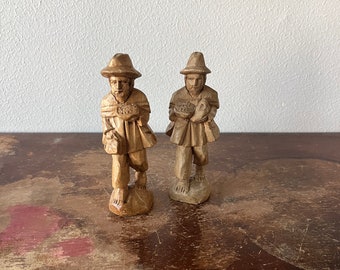 Pair of Vintage Hand Carved Wooden Figural Statues Men Bearded Hats Men with Full Hands Carved Soft Wood