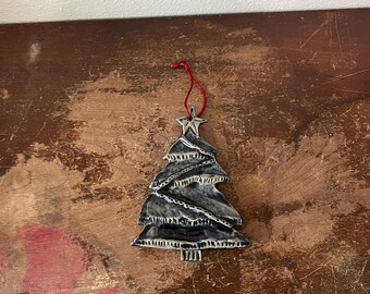Vintage 5.5” Rowe Pottery Salt Glazed Christmas Tree Ornament Salt Glaze Primitive Christmas Blue Christmas Signed Artisan 1993