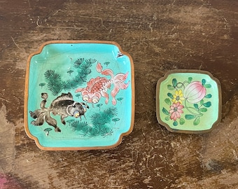 Antique Cloisonné Trinket Dish YOU PICK Two Sizes Small Dish Flowers Peach Square Tray Fish Design Hand Painted China Enameled Copper