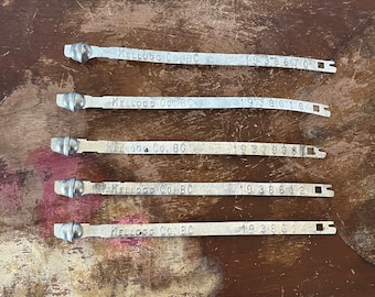Five Vintage Kellogg Co. Tamper Evident Security Seals Metal Tags Industrial Decor Branded Collectable Retro Kellogg’s Merch