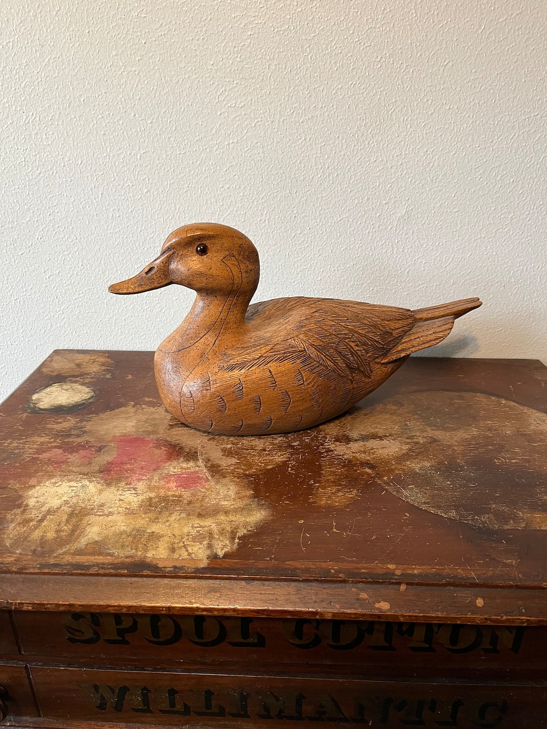 Close-up of a well-preserved Vintage Wooden Duck Decoy