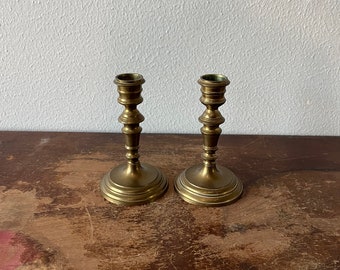 Pair of Vintage Brass Candlesticks Small Turned Design Americana Brass Decor Made in India Table Accent