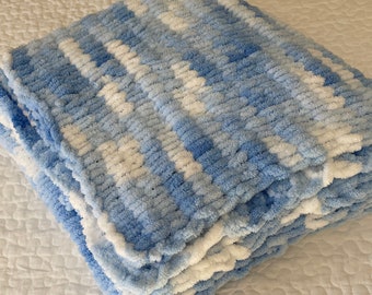 Handmade Chenille Fuzzy Knit Blanket Soft Various Blues Throw Afghan Sofa Decor